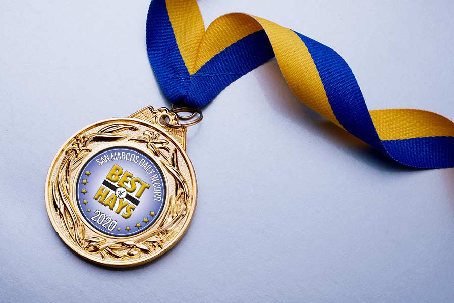 Gold medal with the San Marcos Daily Record Best of Hays 2020 logo