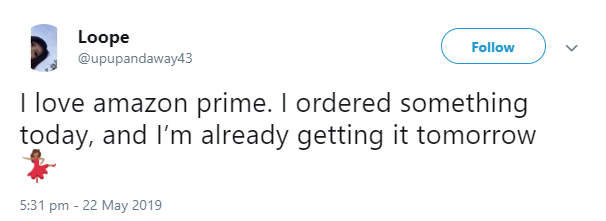 Positive tweet about Amazon Prime