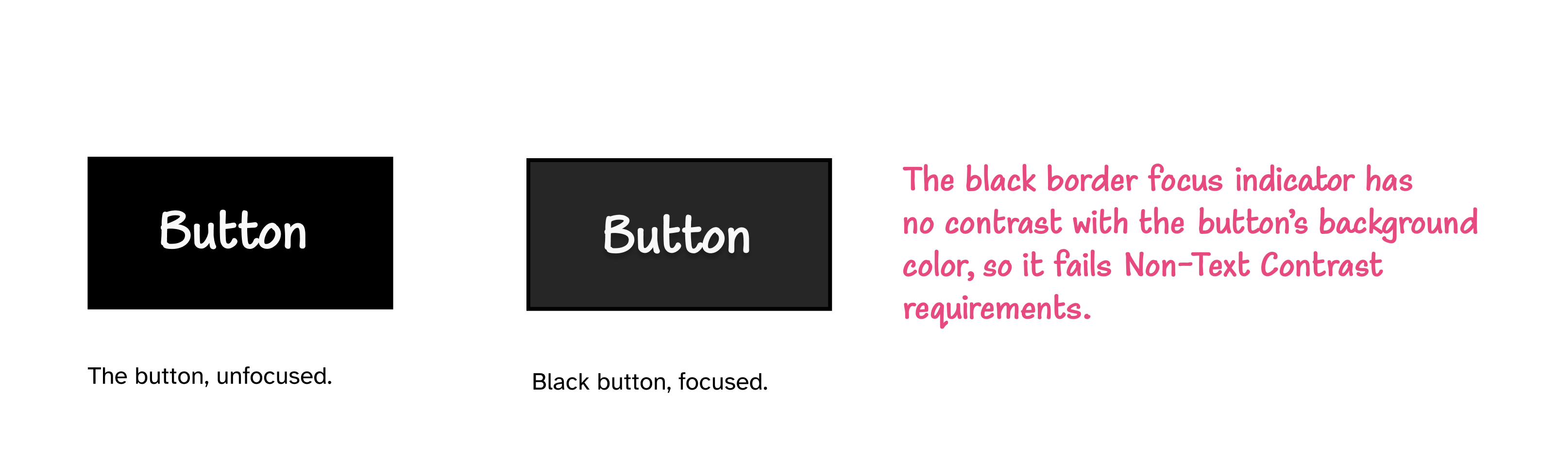 Two black buttons set on a white background. In the focused state, one of the buttons has a black border as the focus indicator.