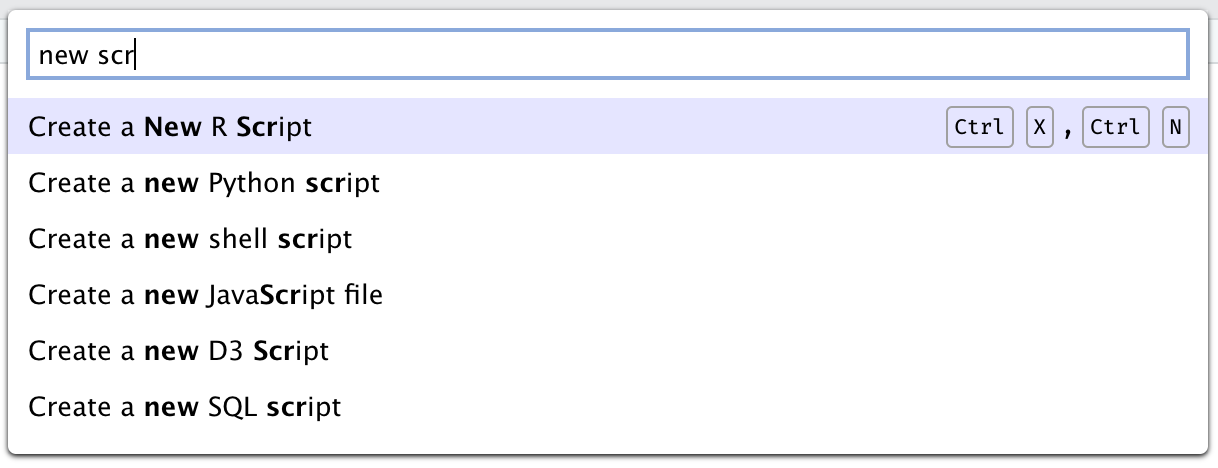 The Command Palette showing commands for creating new scripts