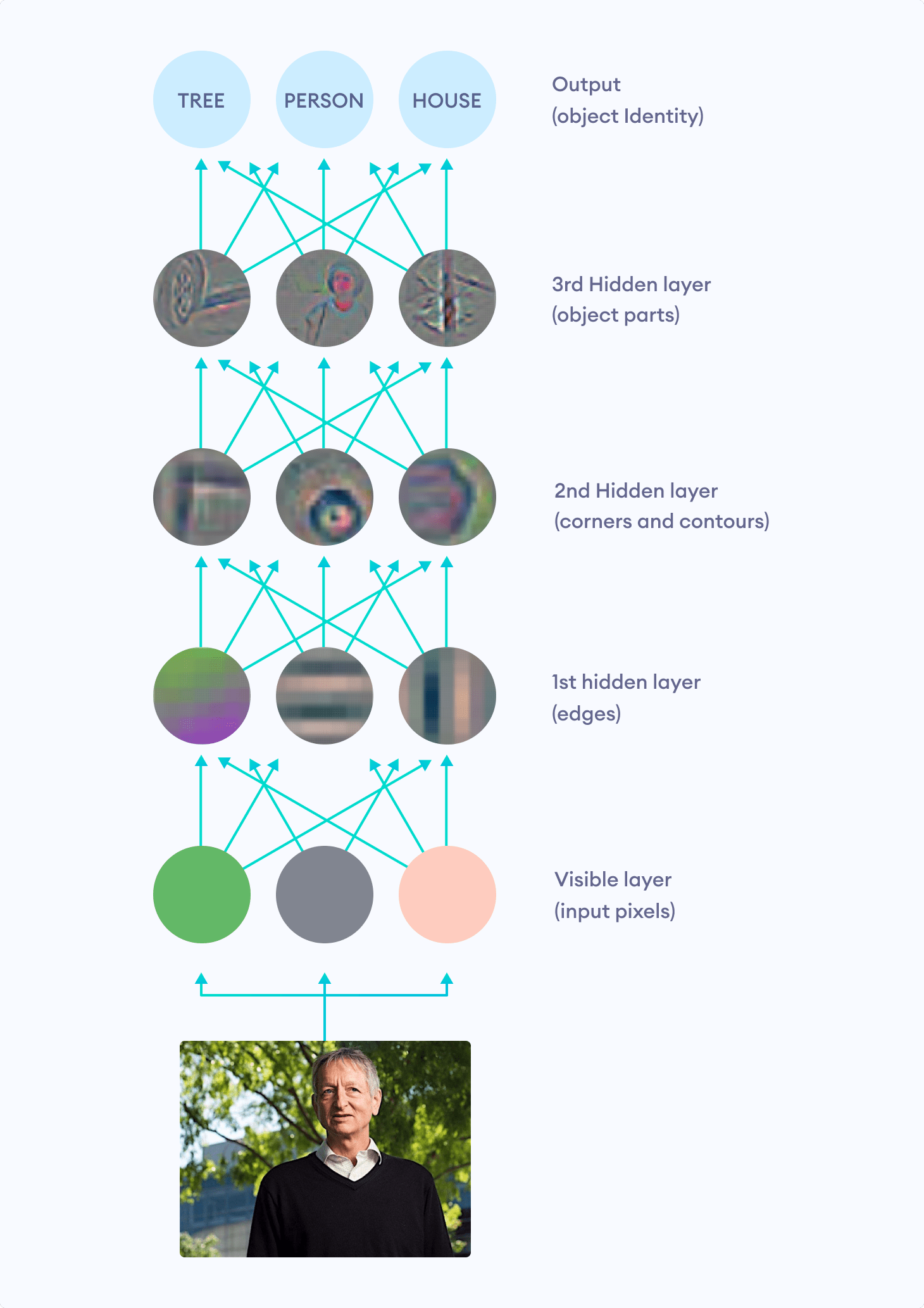 Illustration of how deep neural networks build complex representations from simpler ones Illustration of how deep neural networks build complex representations from simpler ones