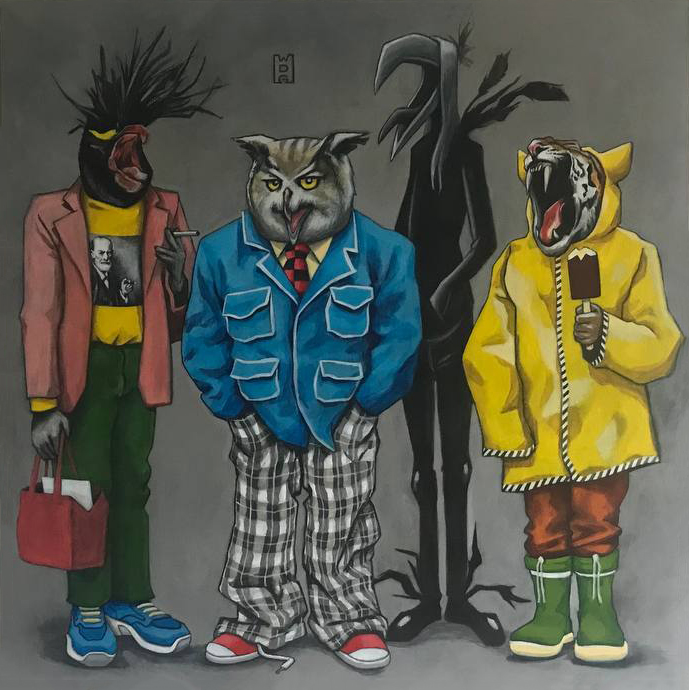 Een acryl schilderij door Ward De Graeve van een groep dieren in pak