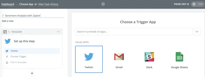 Steps to set Twitter as the trigger app when creating a Zap.