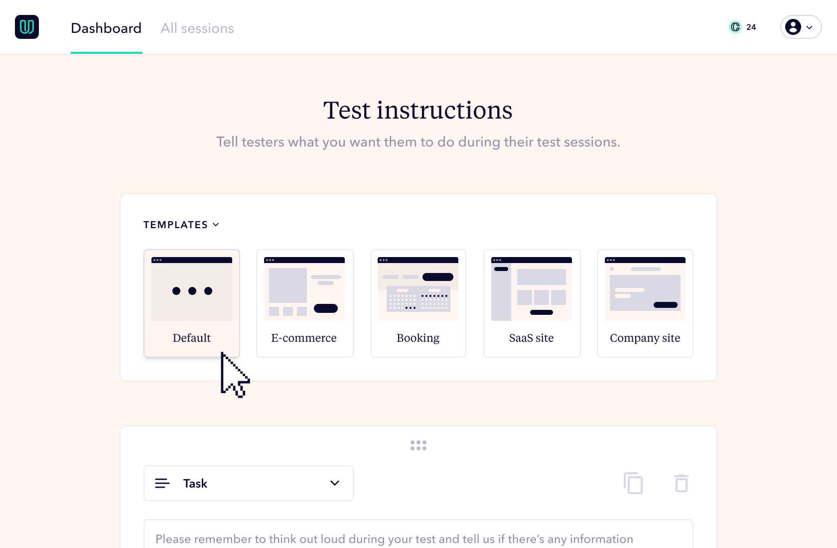 Test instruction editor for unmoderated remote user testing