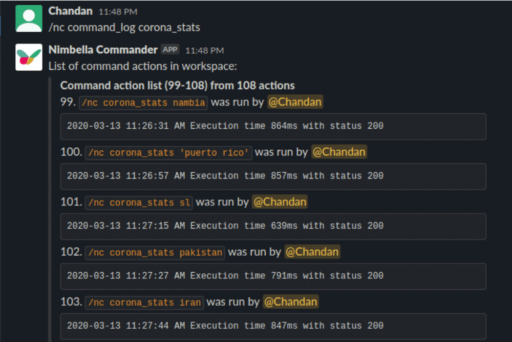 corona stats command log in slack