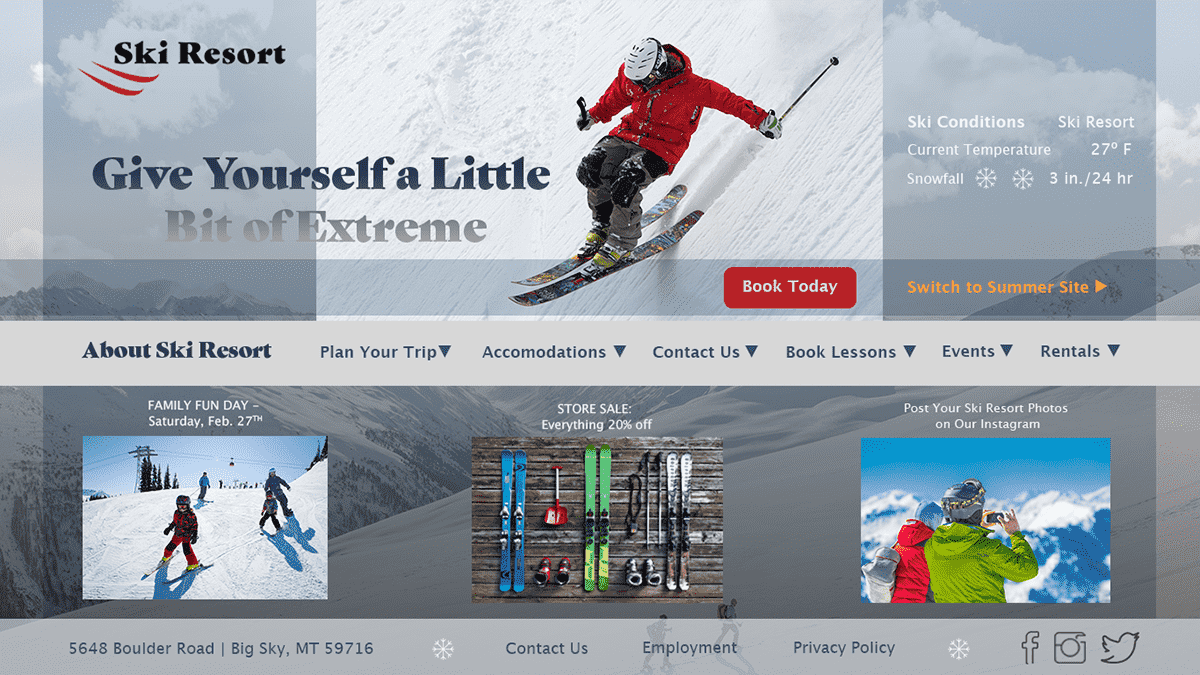 Ski resort homepage by Karey Stivers.