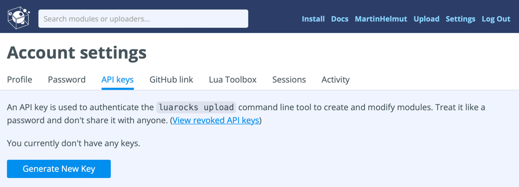 A screenshot of the LuaRocks account settings page, showing a big, blue, 'Generate New Key' button.