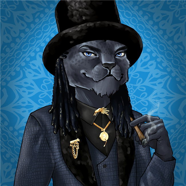 An NFT image of a male leopard with black panther fur wearing a hat, gold jewelry, and alligator-skin suit smoking a cigar.