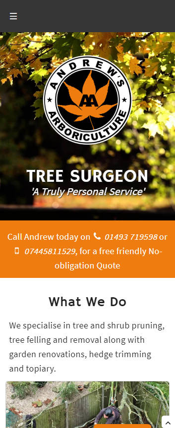 Andrews Arboriculture website frontpage on a mobile