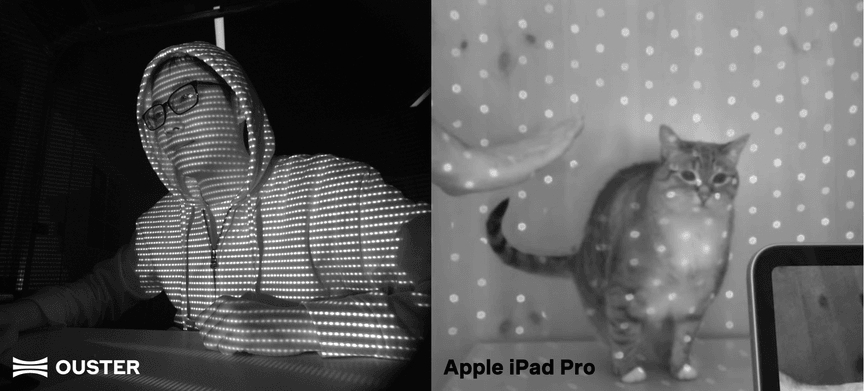 Resolution comparison commercial lidar and consumer lidar, taken by infrared camera (Image source for iPad is https://www.youtube.com/watch?v=xz6CExnGw9w）