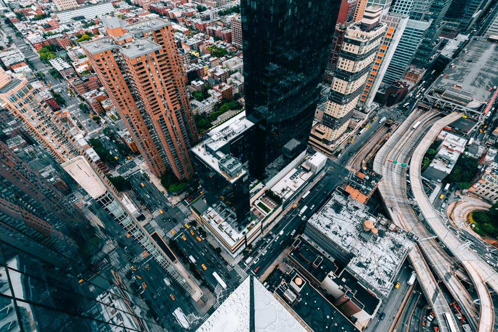 View down from the corner of a building