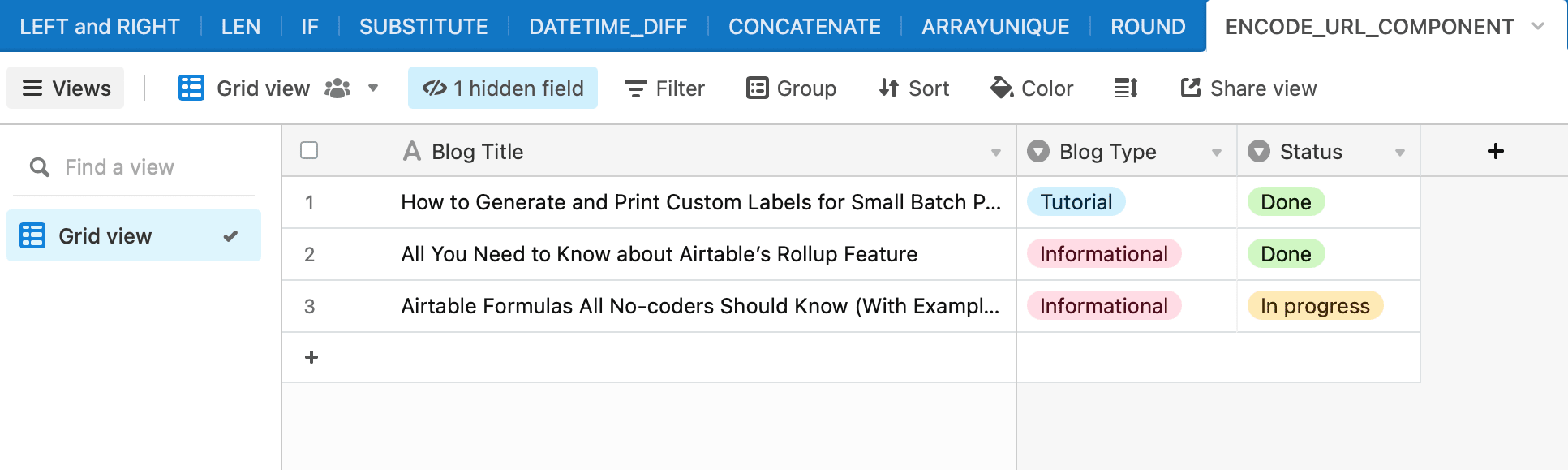 Screenshot of Airtable encode url component formula example