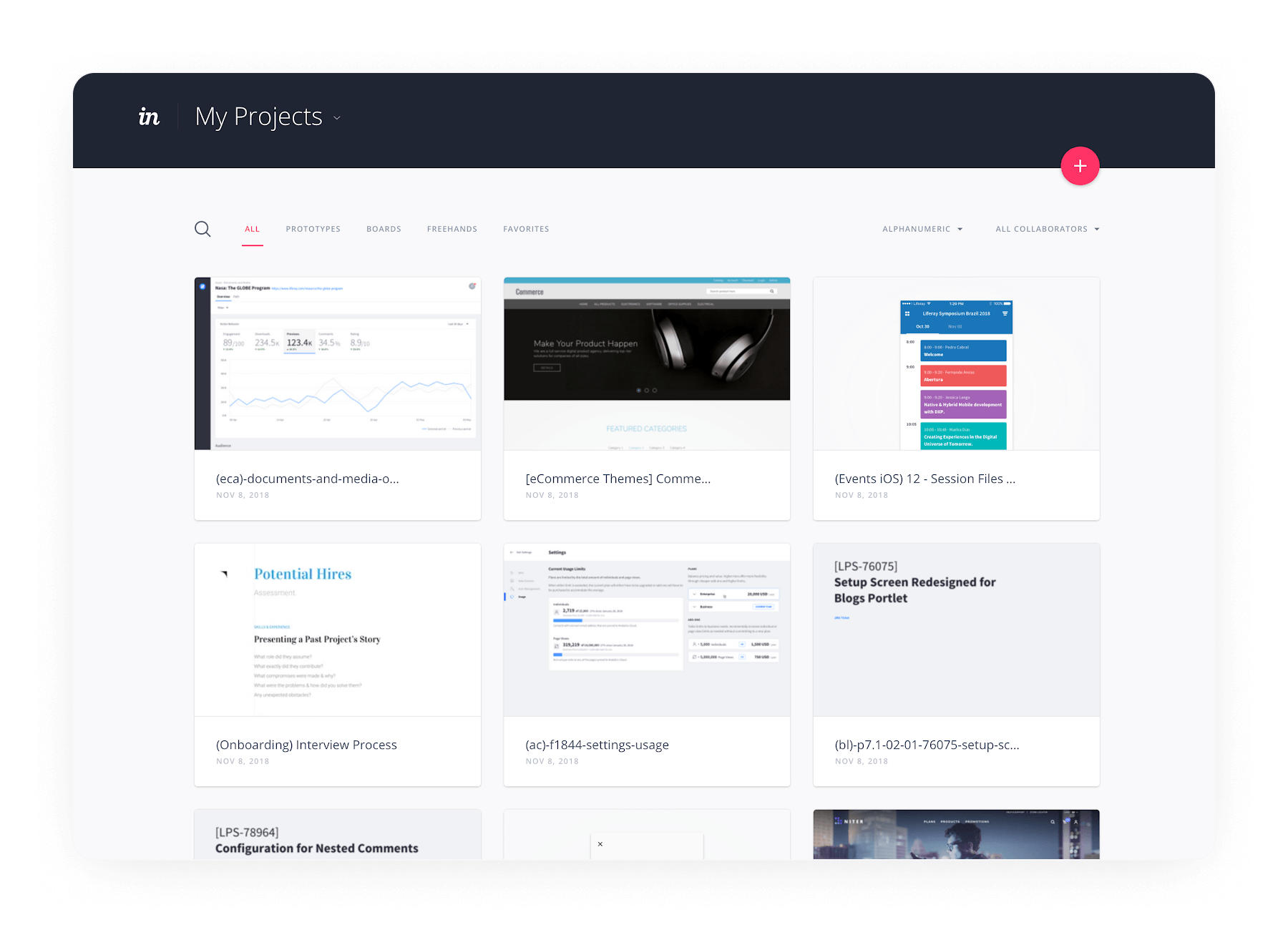 A variety of screens in Liferay’s 'My Projects' InVision dashboard