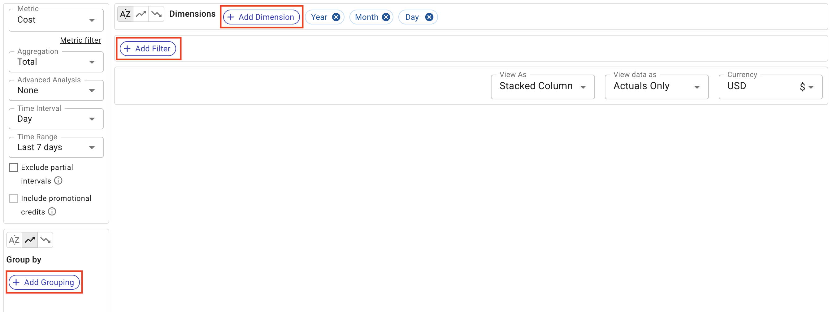 A screenshot showing an empty Cloud Analytics report