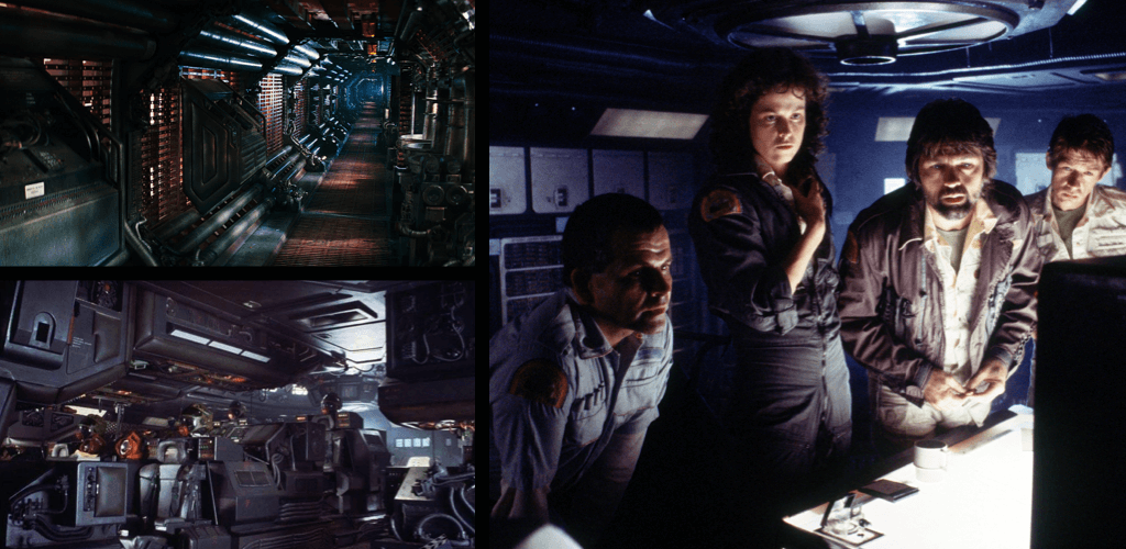 Impressions from the Alien movie showing a corridor, the pilot area, and some members of the crew.