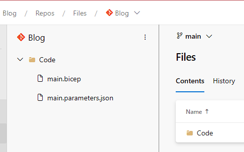 Git repository containing a Code folder with the files main.bicep and main.parameters.json
