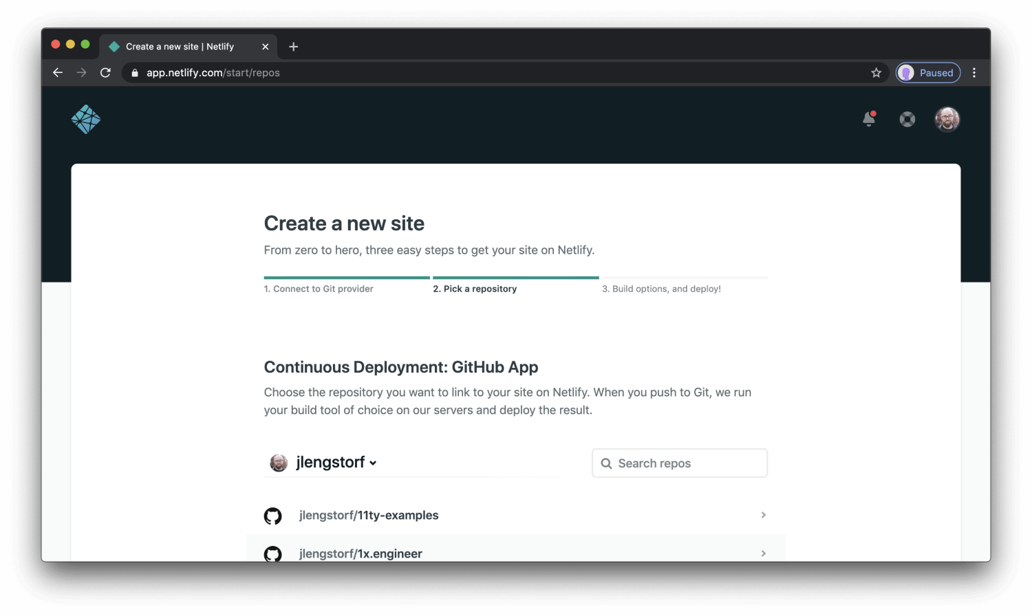 step 4 - selecting project repo to connect to Netlify