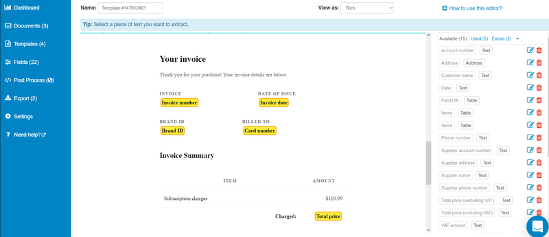 create your template in parseur