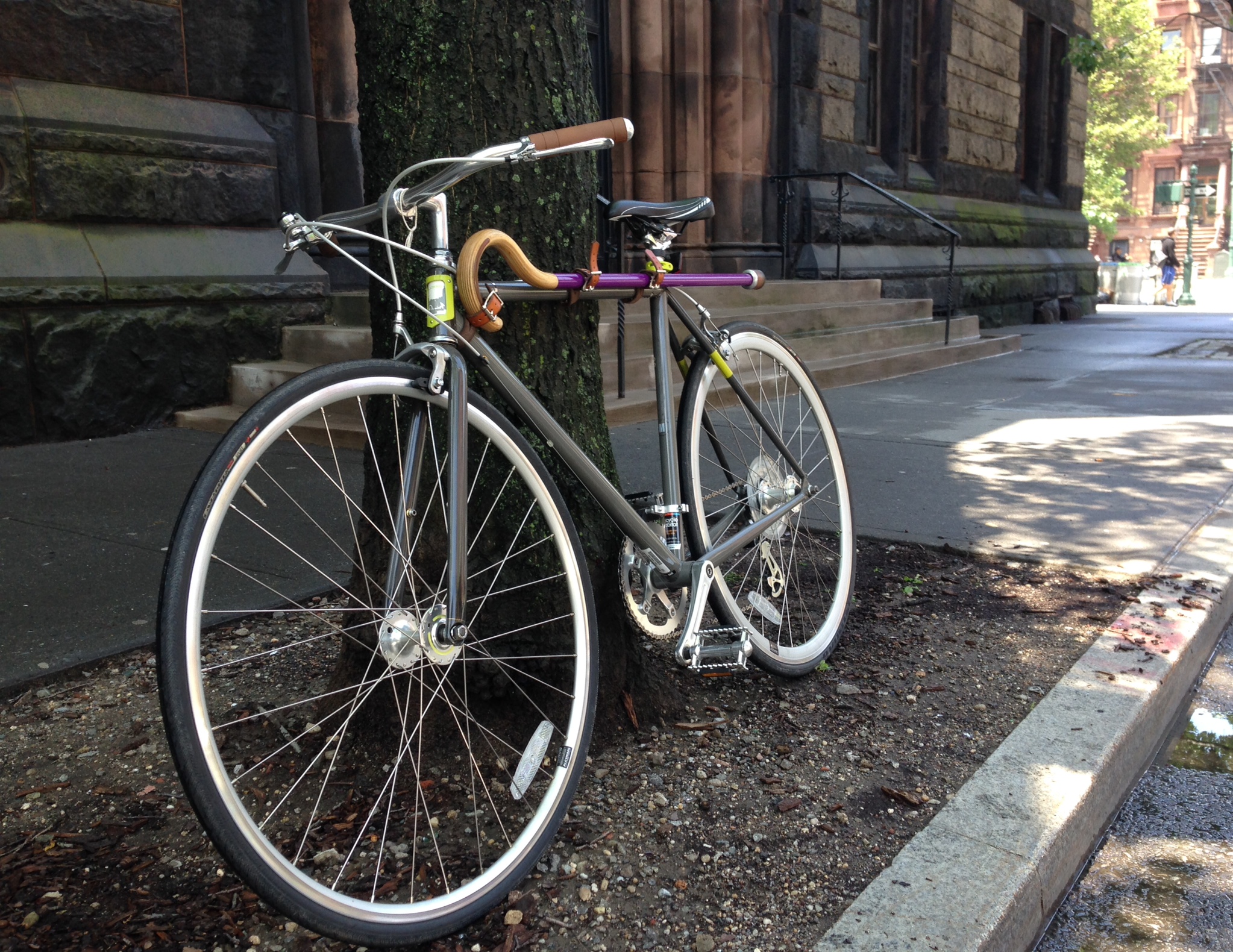 A wide shot of the bike with purple cane attached, leaning against a tree in New York.