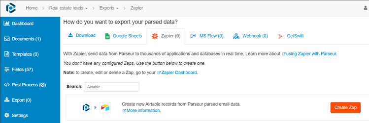 Click on "create zap" to export the data