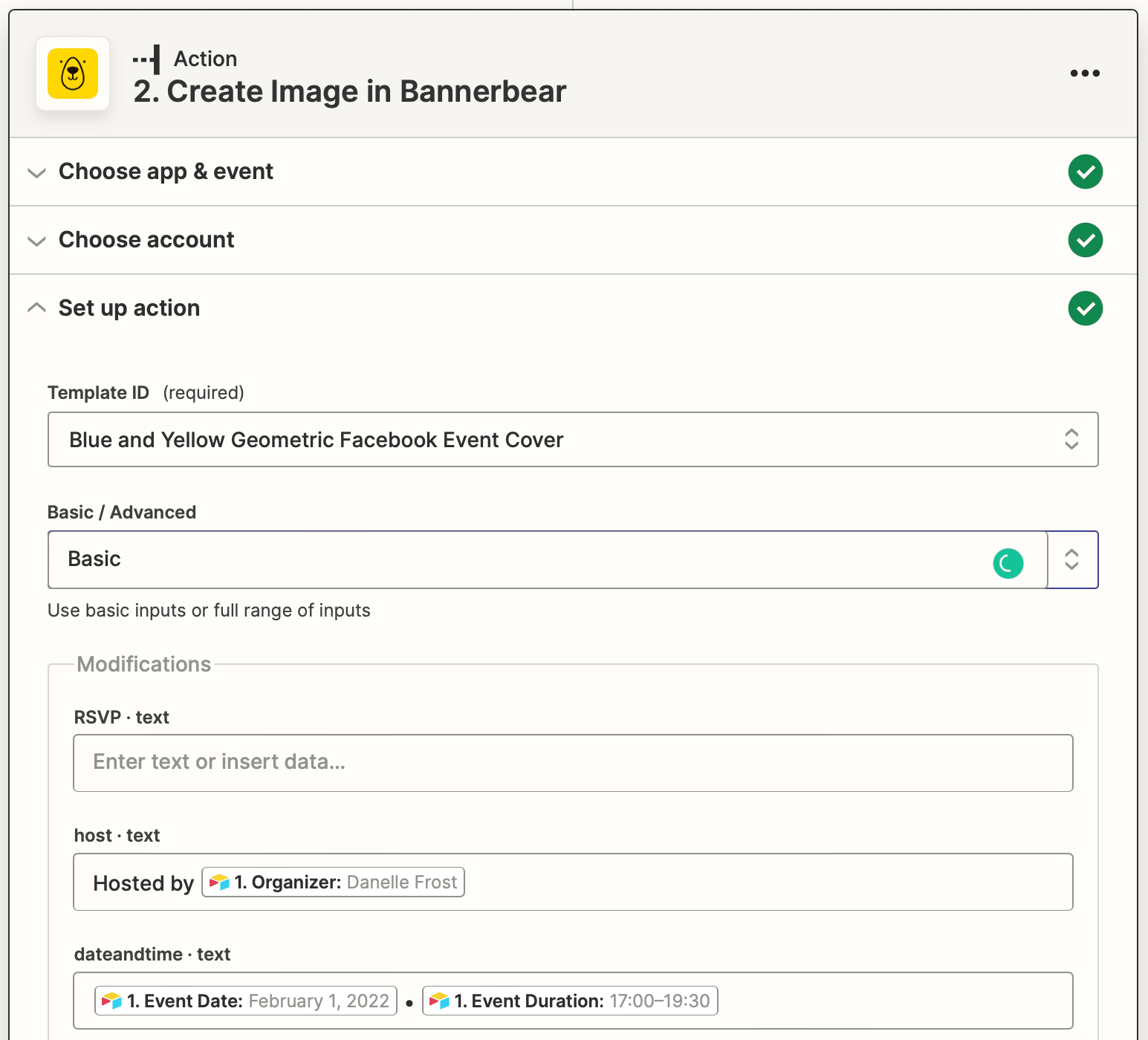 Screenshot of Zapier Bannerbear create image action setup