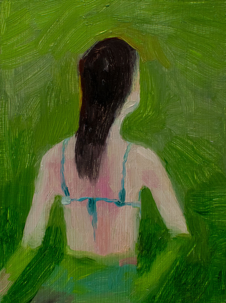 oil painting, mostly green. a girl wading waist-deep in water