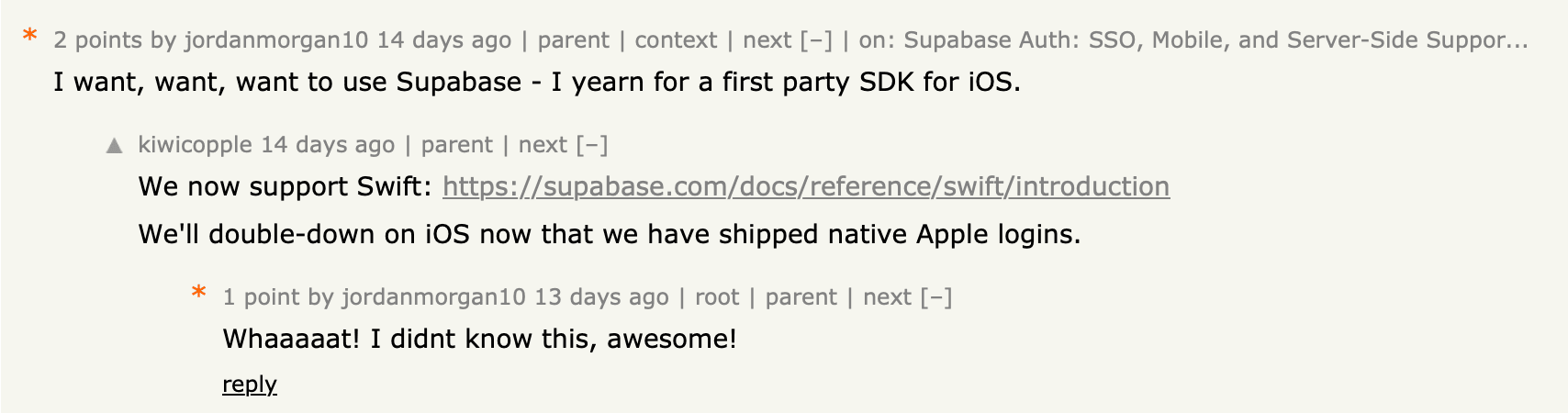 A Hacker News comment mentioning that Supabase offers an iOS SDK.