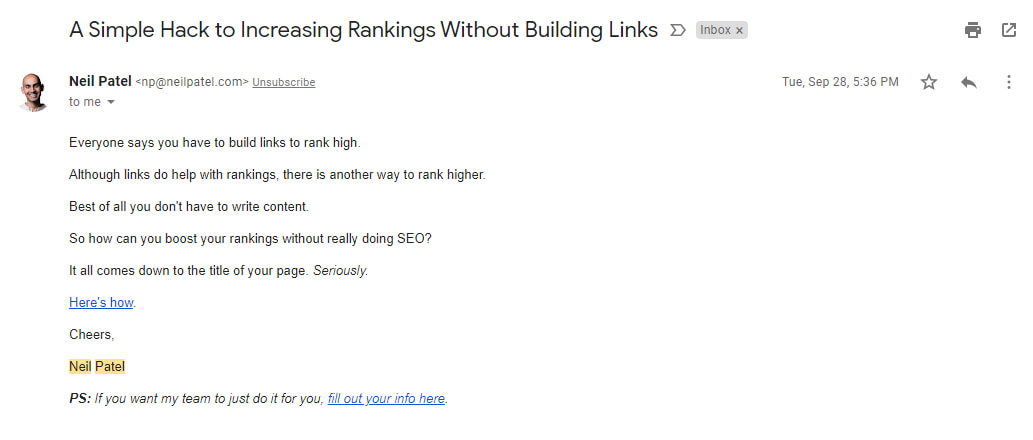 Trigger-Based Email Marketing: Screenshot of Neil Patel's marketing email