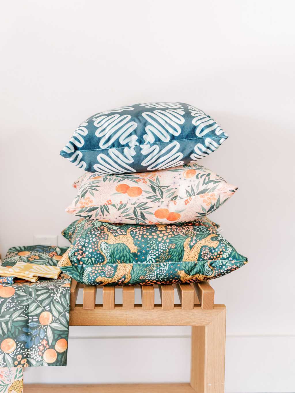 patterned throw pillows and fabric