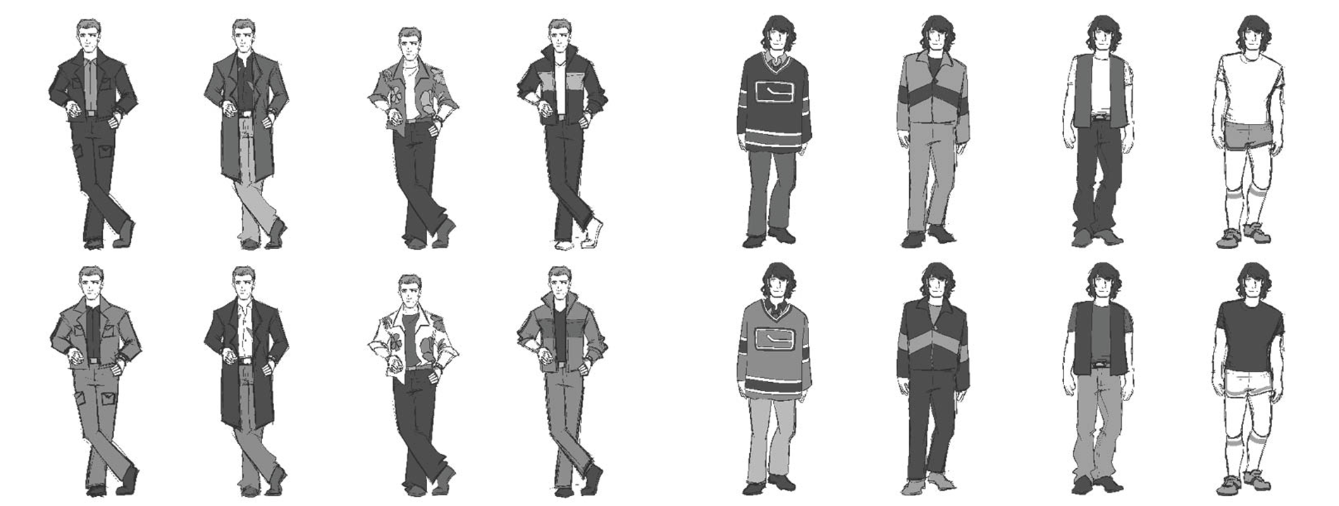 Two images showing four versions of Pat's and Mat's costumes and silhouettes, black and white concept art, Alina Sandu, Richmond, British Columbia, Canada