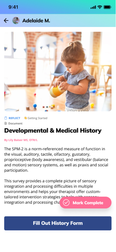 Screenshot of Kinspire webapp about developmental & medical history
