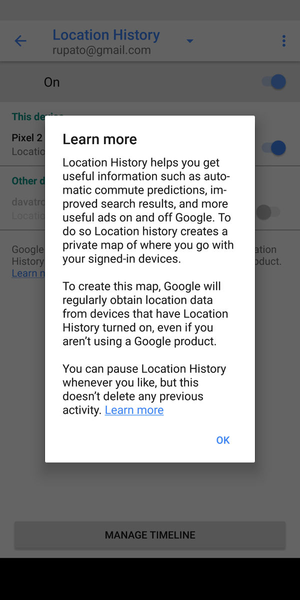 Google Maps on Android Location History Dialog