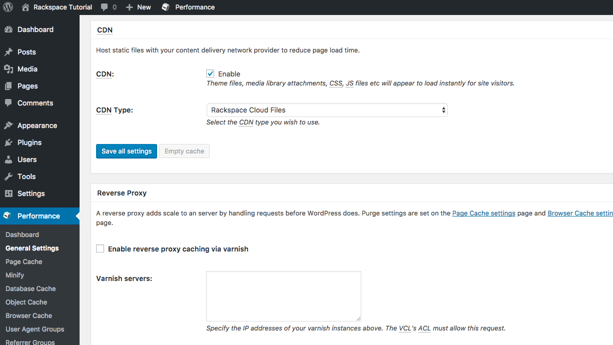 click the enable check box and choose rackspace cloud files as the cdn type
