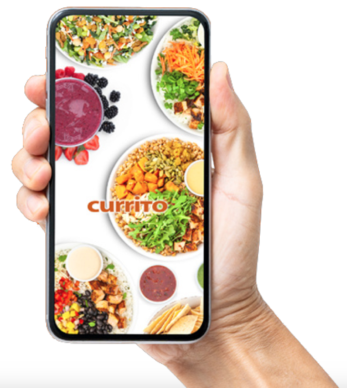 A hand holding a phone displaying various bowls on the Currito app