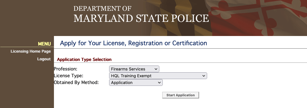 Maryland HQL申請表單的選項