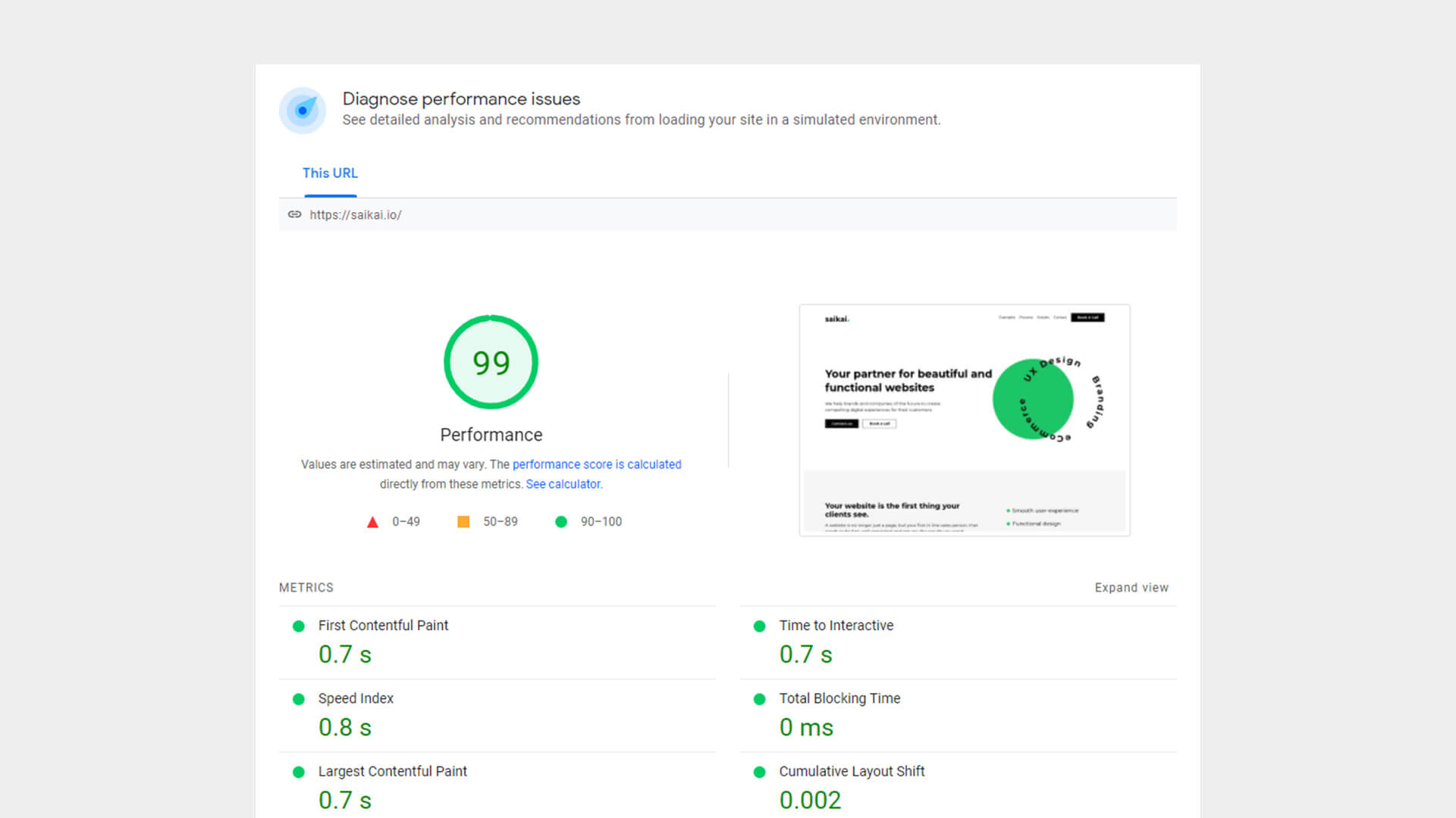 Page Insights by Google - Saikai Performance Test