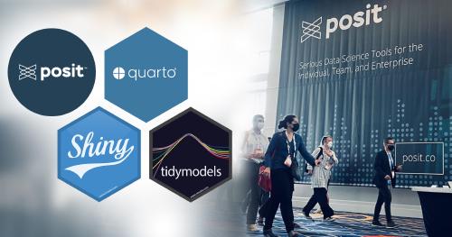 Thumbnail On the left, four images consisting of the Posit logo, Quarto, Shiny, and tidymodels. On the right, a group of people walk in front of a Posit banner that says Serious Data Science Tools for the Individual, Team, and Enterprise.