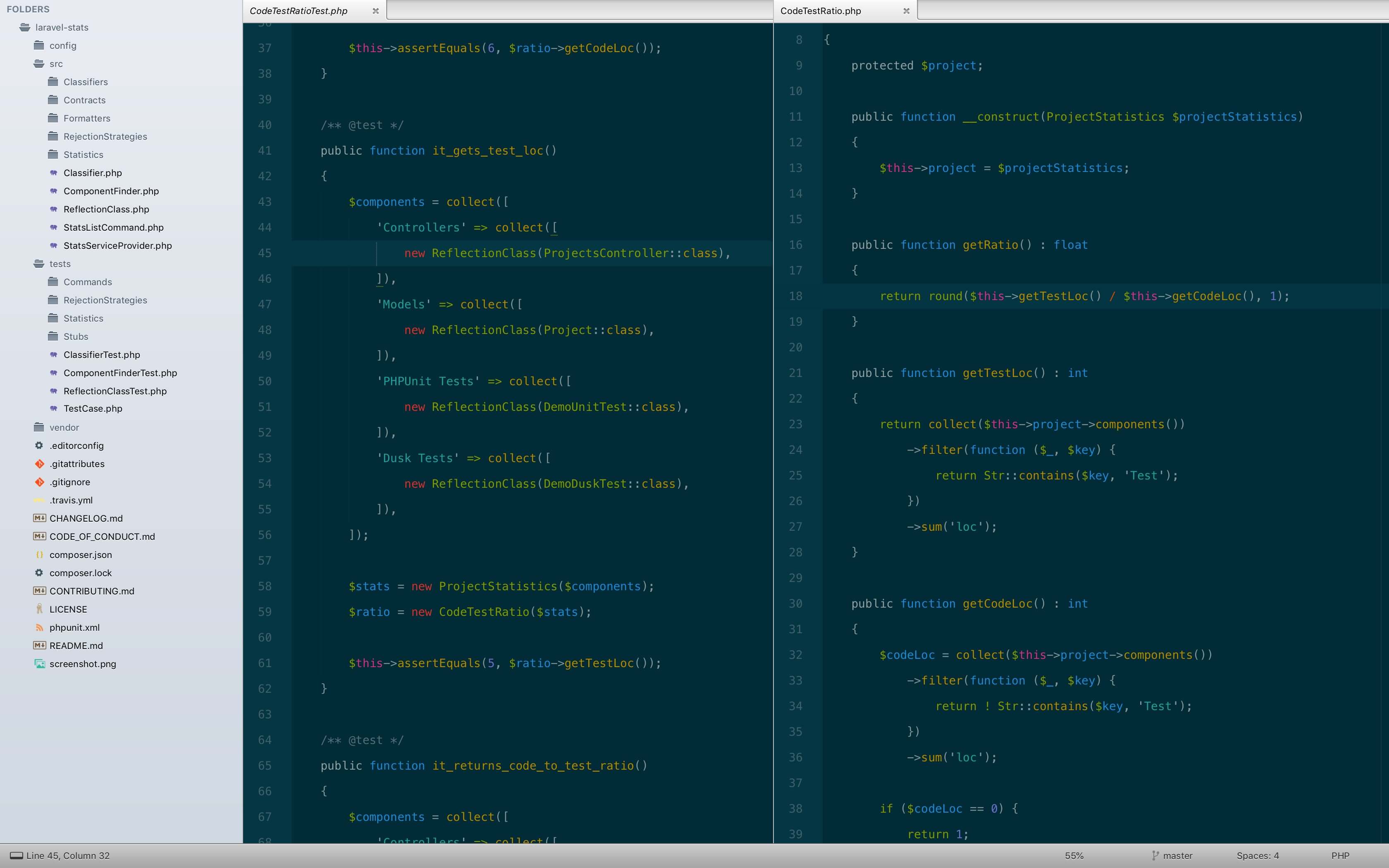 Screenshot of Sublime Text with laravel-stats open