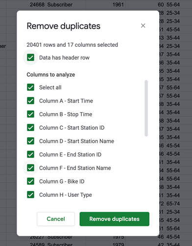 The pop-up window that appears in Google Sheets when using the “Remove duplicates” function. All options have been selected by default.