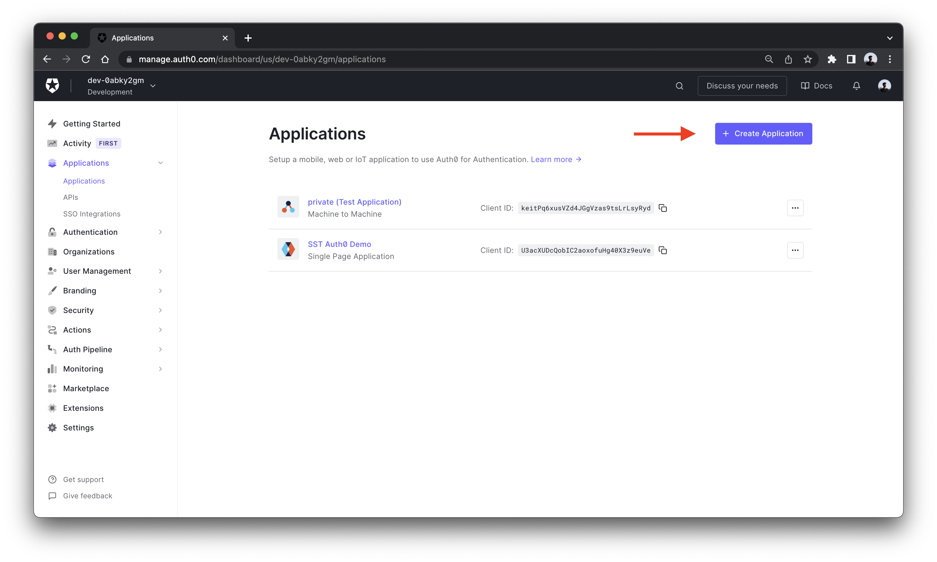 Auth0 create application