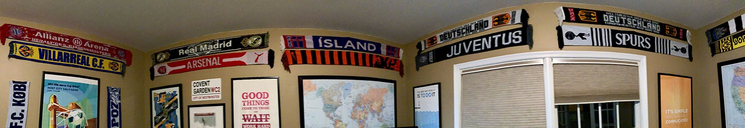 Soccer scarves hung around the office.