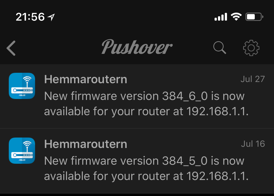 Router firmware update notifications in Pushover app on iPhone