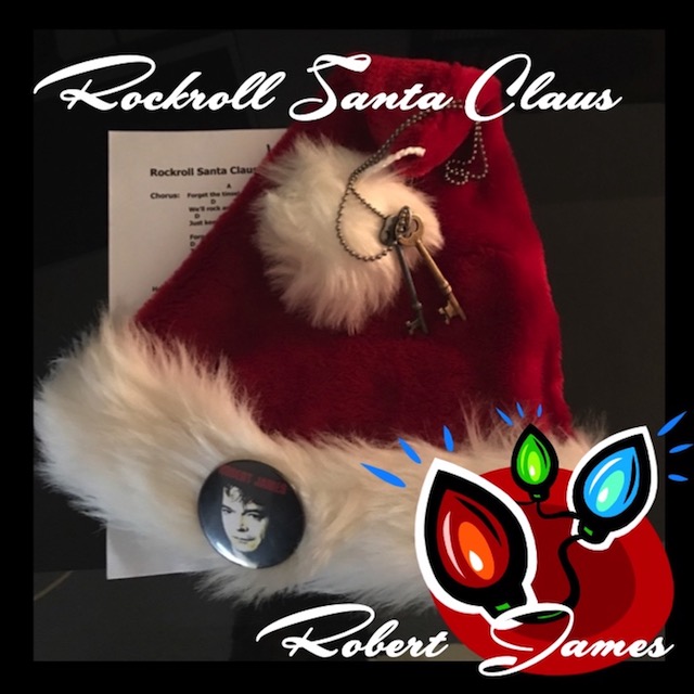 Album Cover, image of a furry Christmas touque with a round pin of Robert James face and lighting decorations