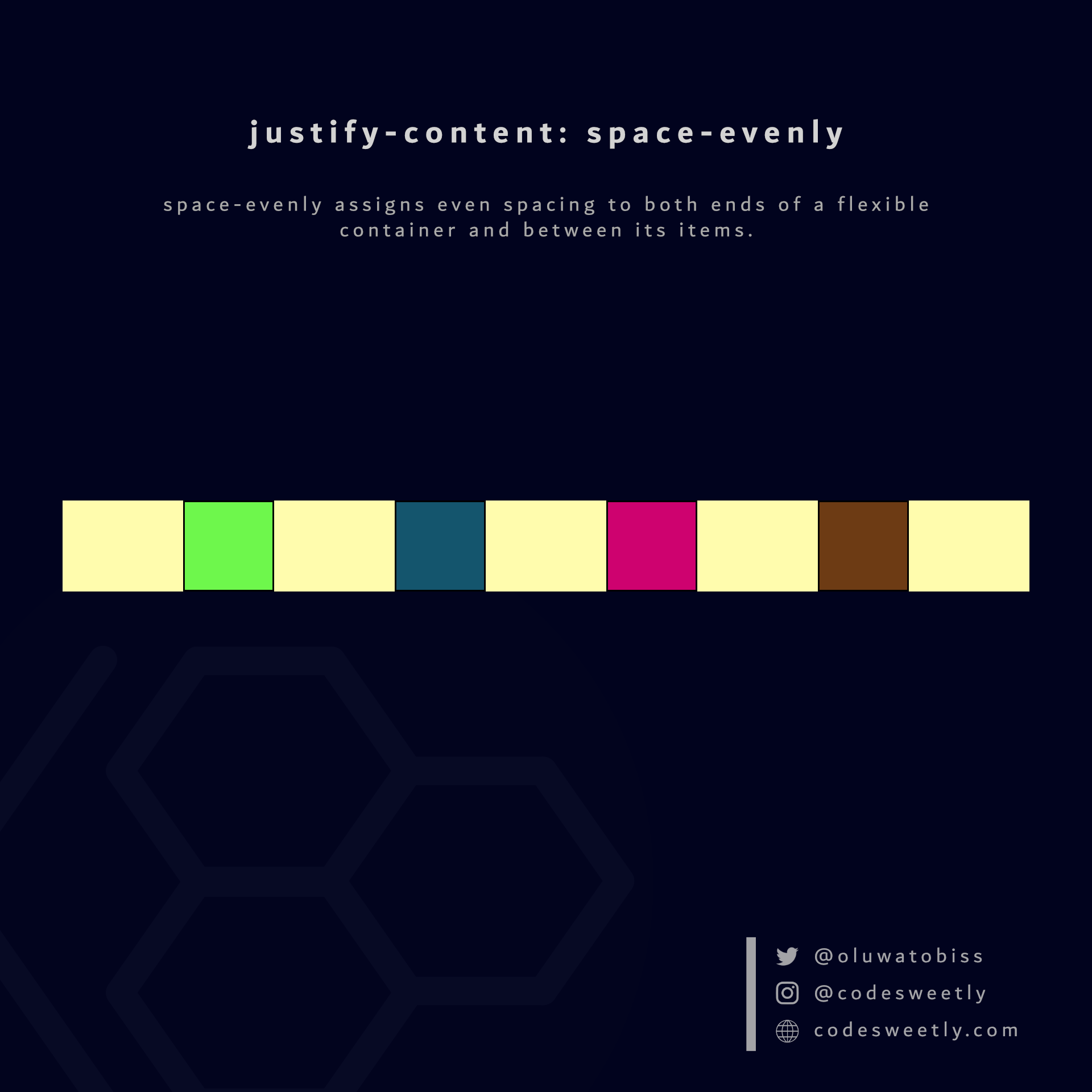 justify-content's space-evenly value ensures even spacing on both ends of the flexbox and between its items