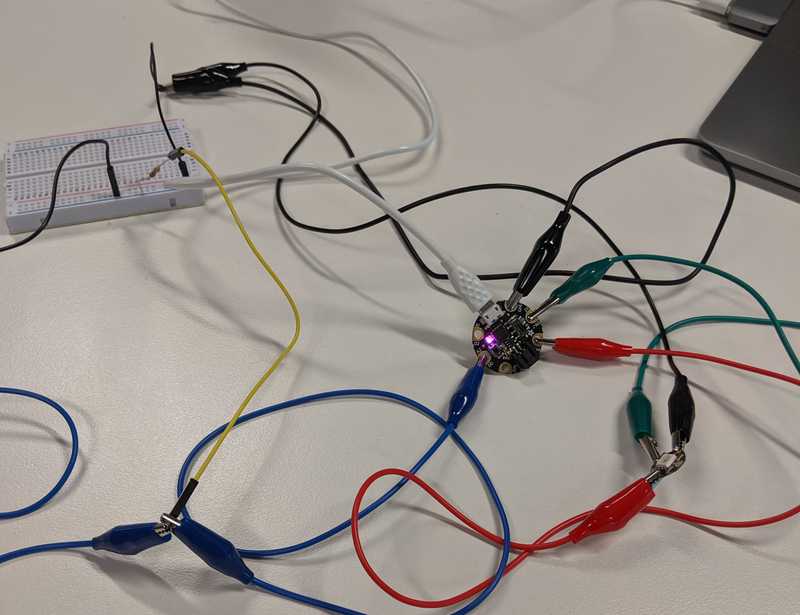 Initial prototyping of circuit on a breadboard with lots of alligator clips