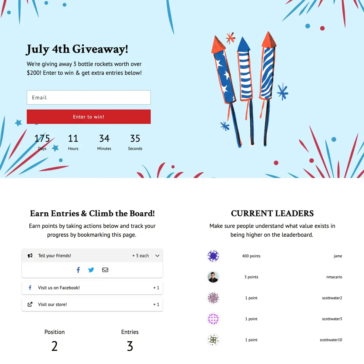 Fourth of July landing page with current leaders and actions visual