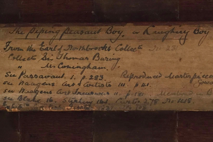 Weathered and worn handwritten note detailing the history of ownership of an artwork