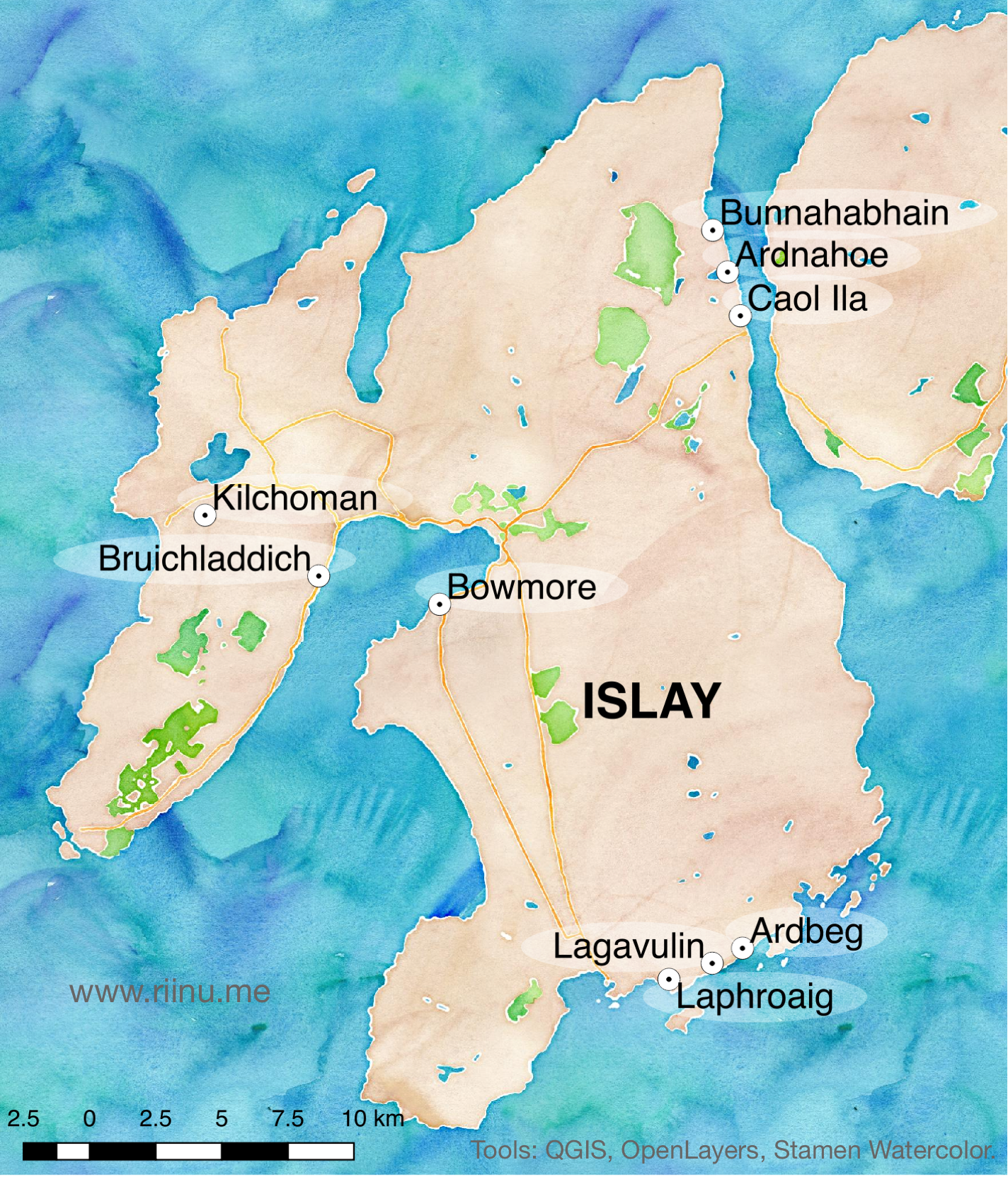 Map of Islay with all its lovely distilleries.