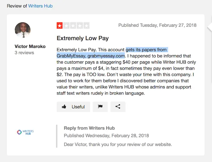 Feedback from one of the WritersHub.org writers about extremely low pay and about direct connection to grabmyessay.com
