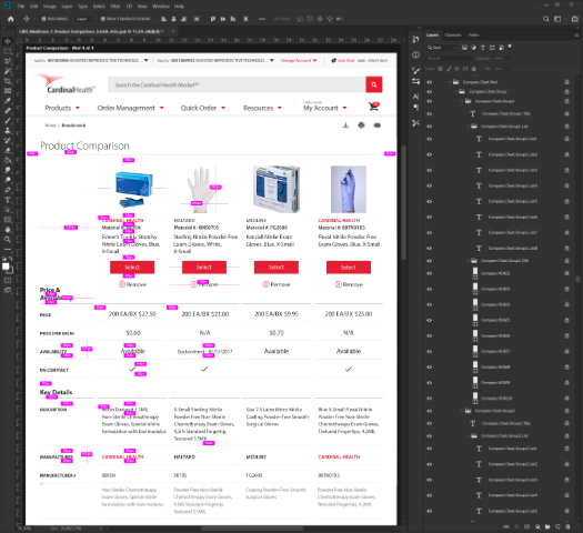 A screenshot in Photoshop of the Product Comparison page for the Cardinal Health Market website.